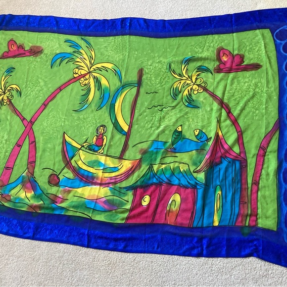 Beach Cover Up Sheer Sarong Nautical Design Multicolor Fish Palmtrees Beach Pool - Picture 3 of 7